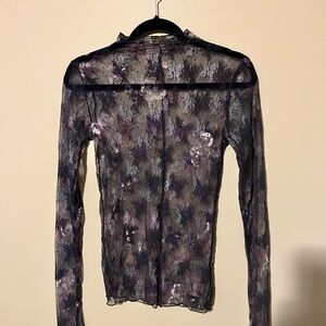 Free People Intimately Sheer Black and Purple Floral Long Sleeve Blouse